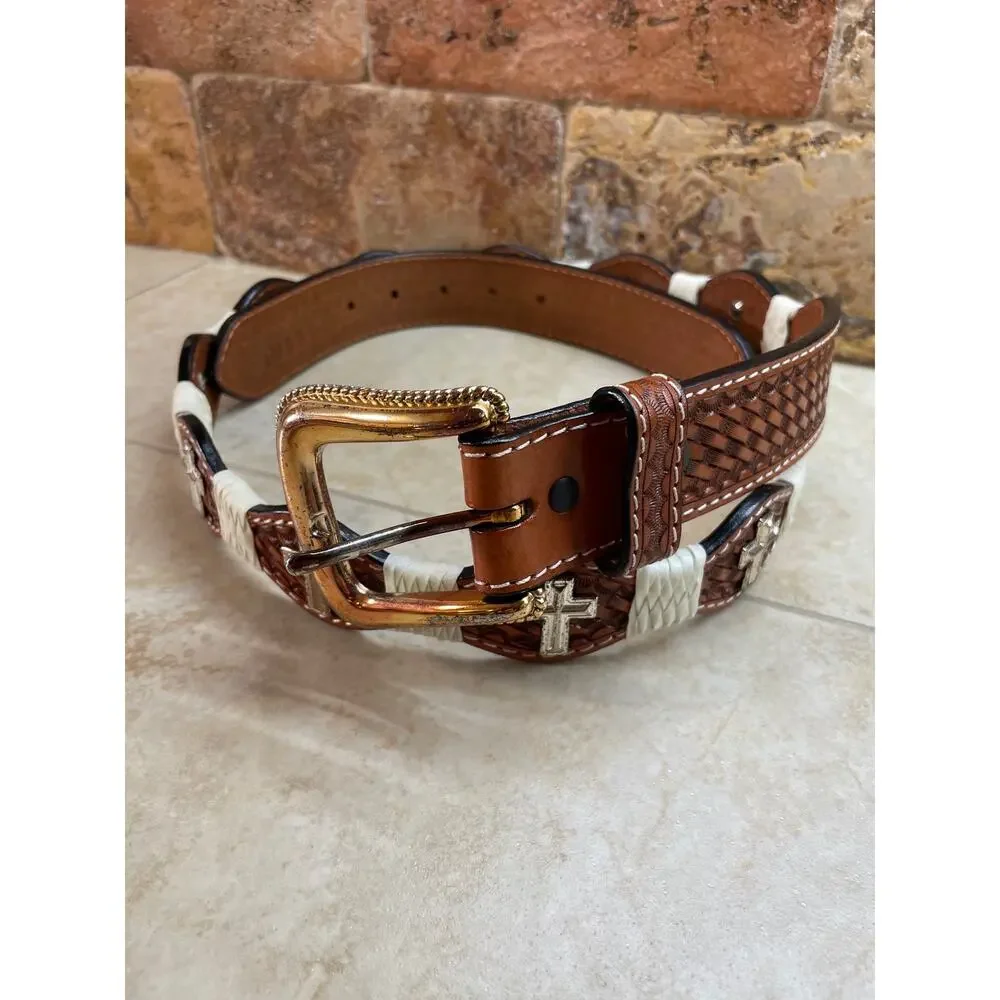 3D Belt Co Hand Tooled Leather Western Belt Cross Conchos White Braided 42